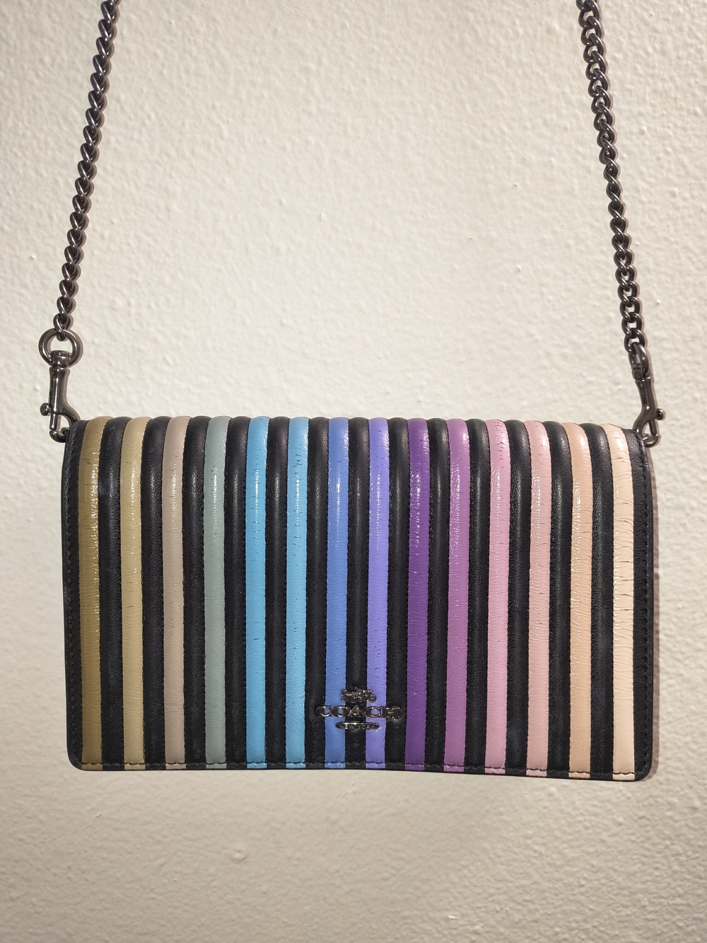 Coach Callie Rainbow Patchwork Stripe Leather Chain Clutch Crossbody Rare